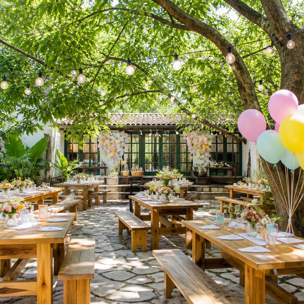Buffet ao ar livre integrado à natureza com quintal