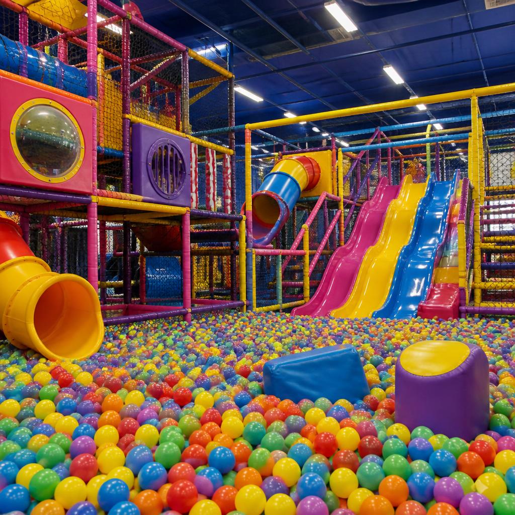 Área de brinquedos com brinquedão gigante e piscina de bolinhas